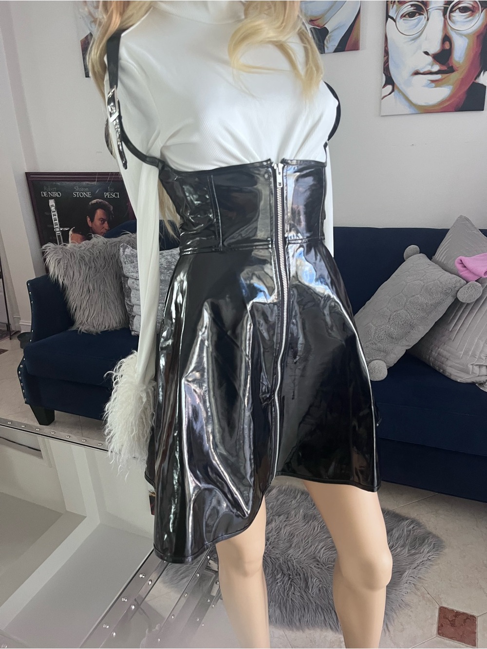 Glossy Black Patent A-Line Skirt with Front Zip